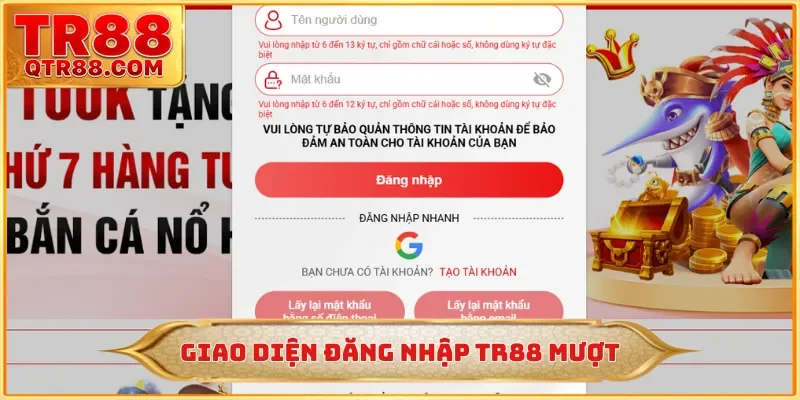 Giao diện đăng nhập TR88 mượt