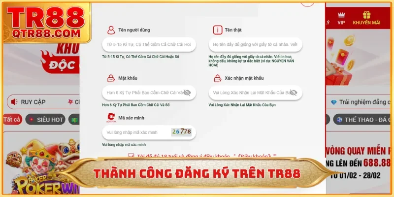 Thành công đăng ký trên TR88